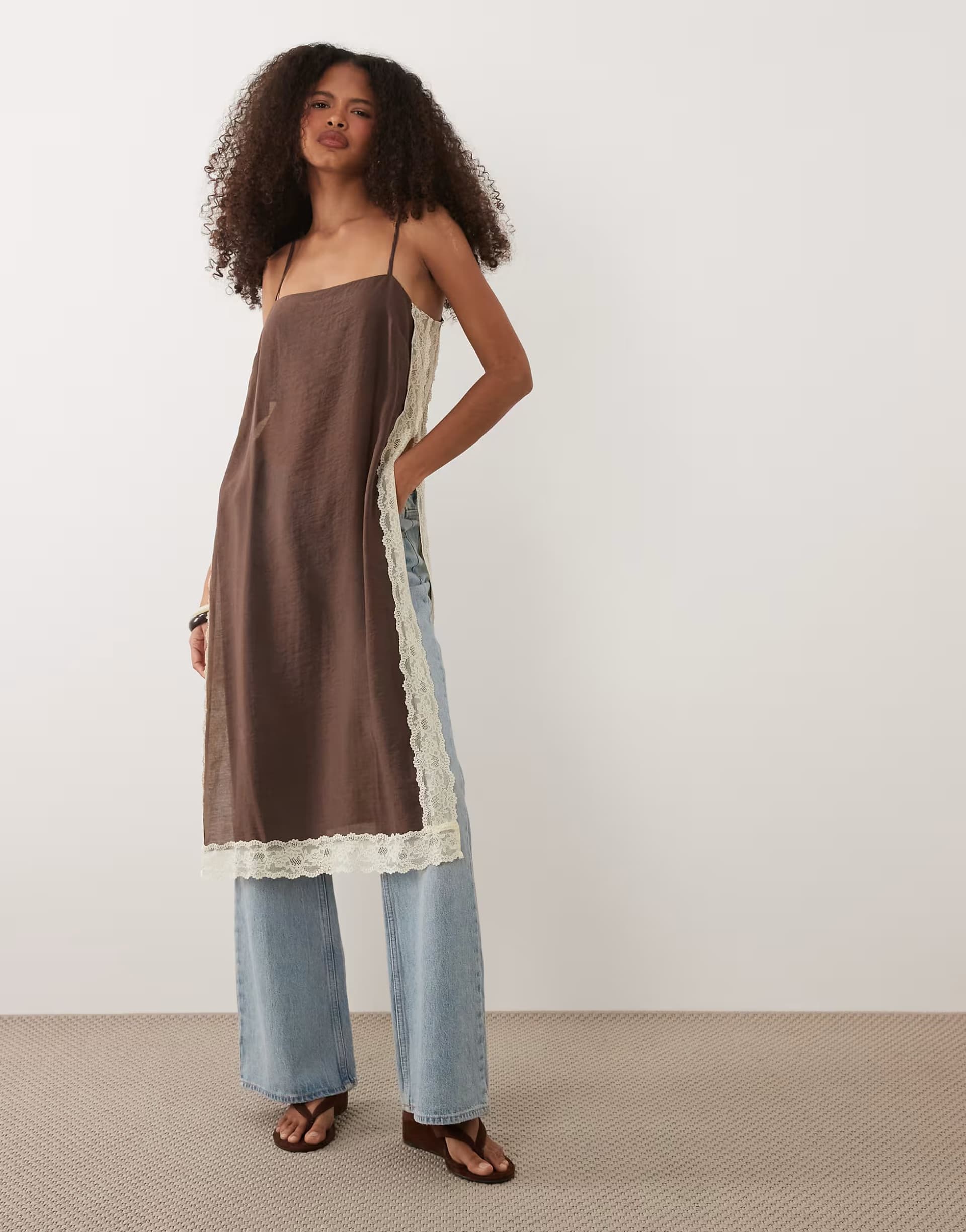 ASOS Nobody's Child Pauline lace hem longline split detail cami top in chocolate