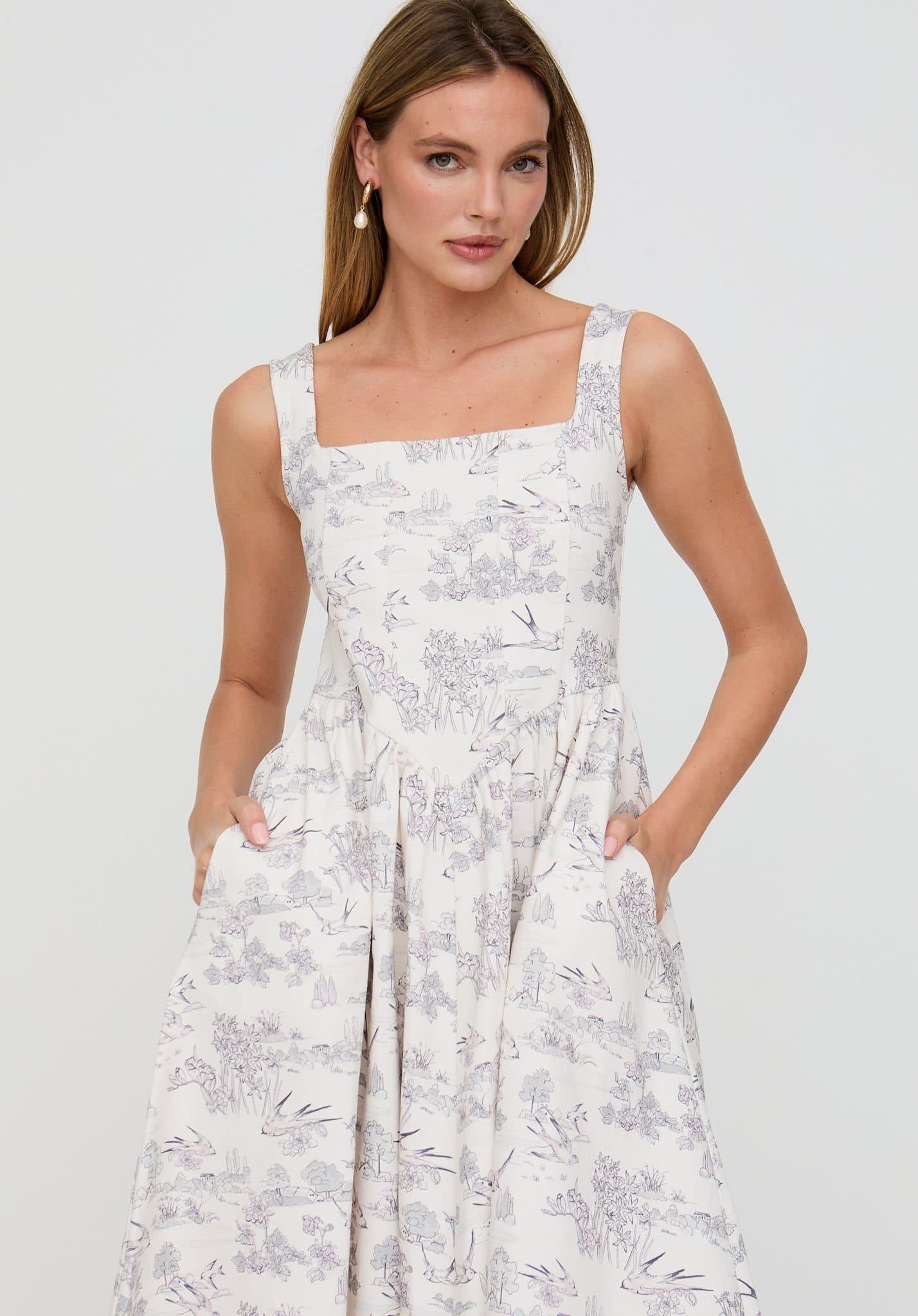 Lily and Lionel Lily and Lionel Women's Hayley Corset Inspired Josephine Print Midi Dress In Cream in Ecru
