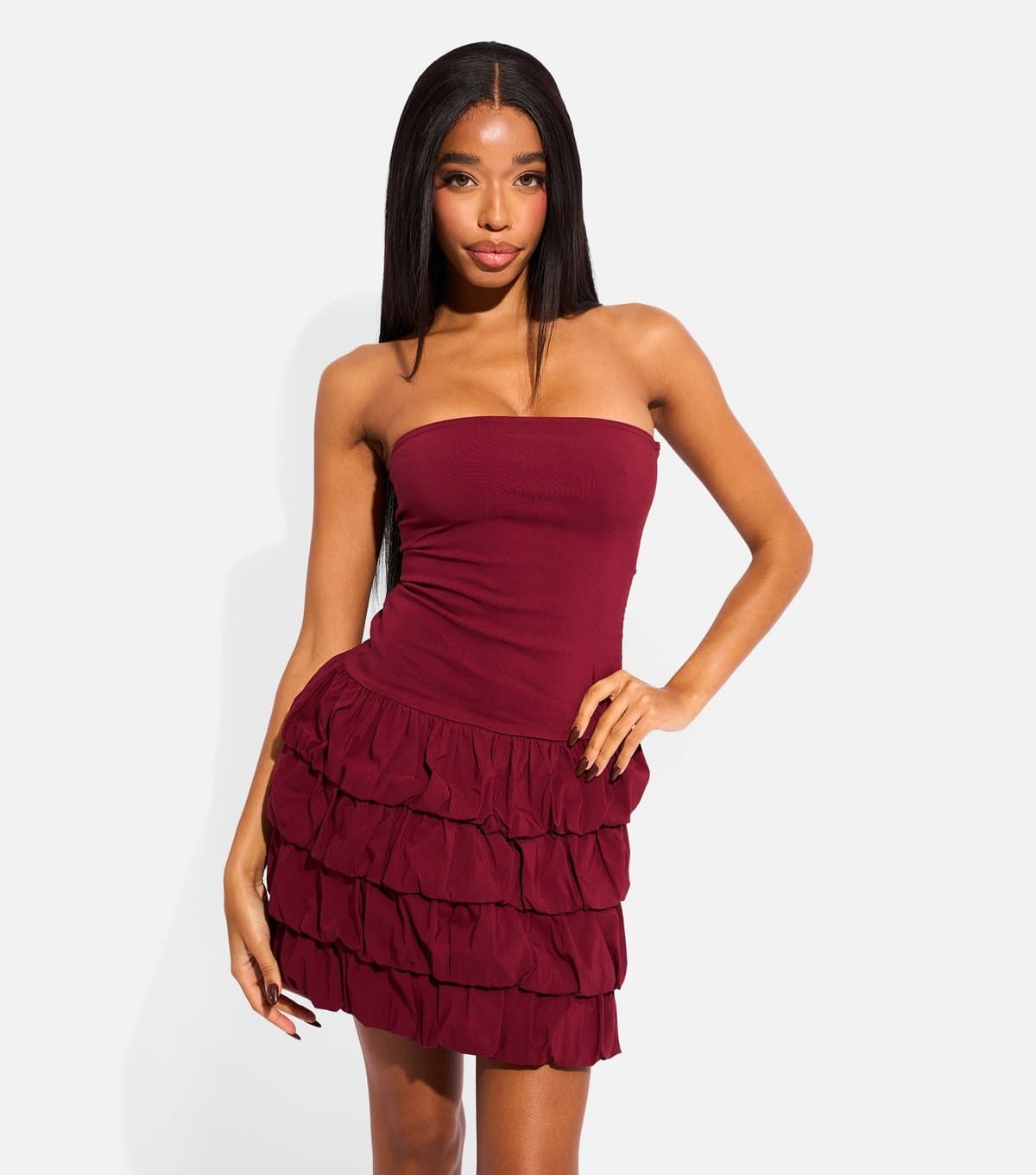 Public Desire Women's Dark Burgundy Bandeau Ruffle Skirt Mini Dress Public Desire New Look