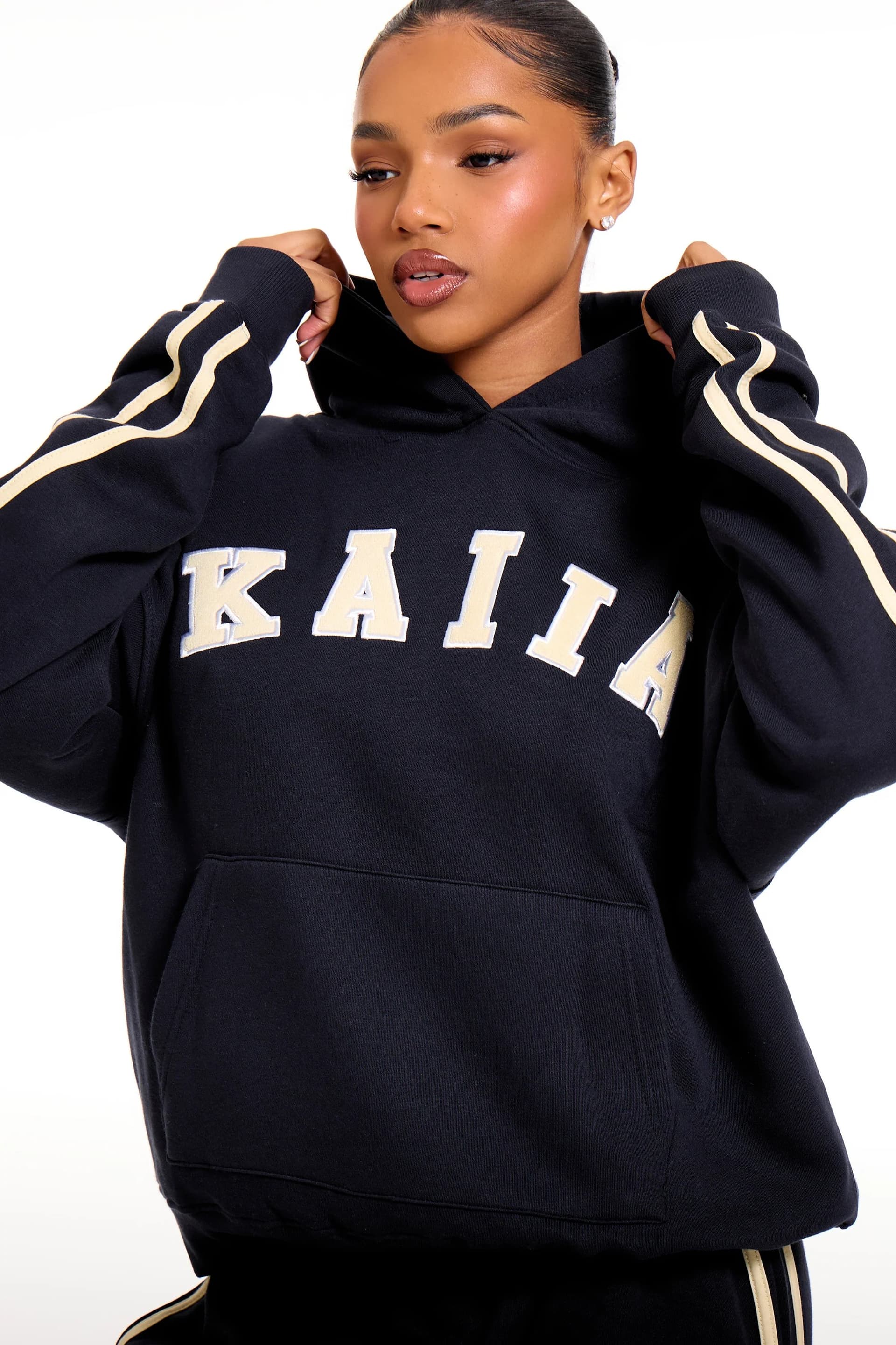 Kaiia Kaiia Slogan Side Stripe Oversized Hoodie Ink Blue & Soft Yellow