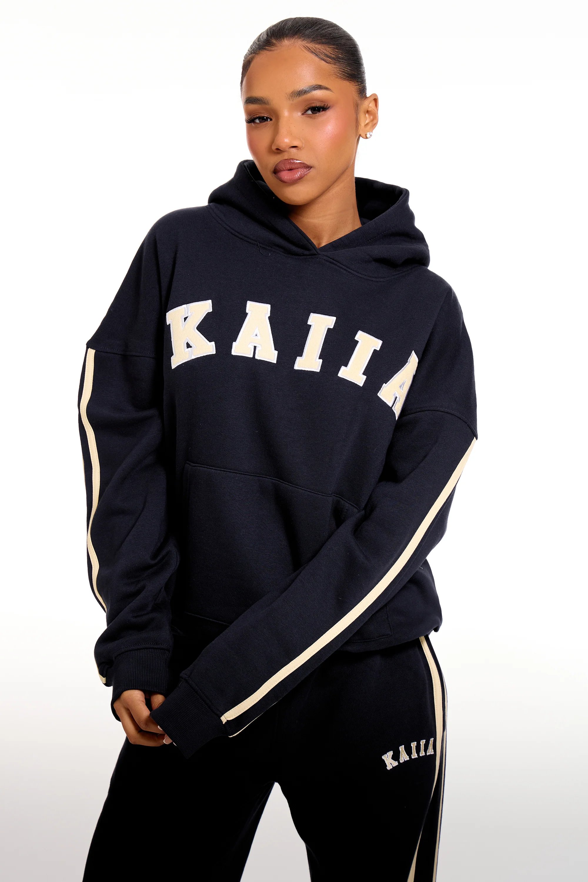 Kaiia Kaiia Slogan Side Stripe Oversized Hoodie Ink Blue & Soft Yellow - 2