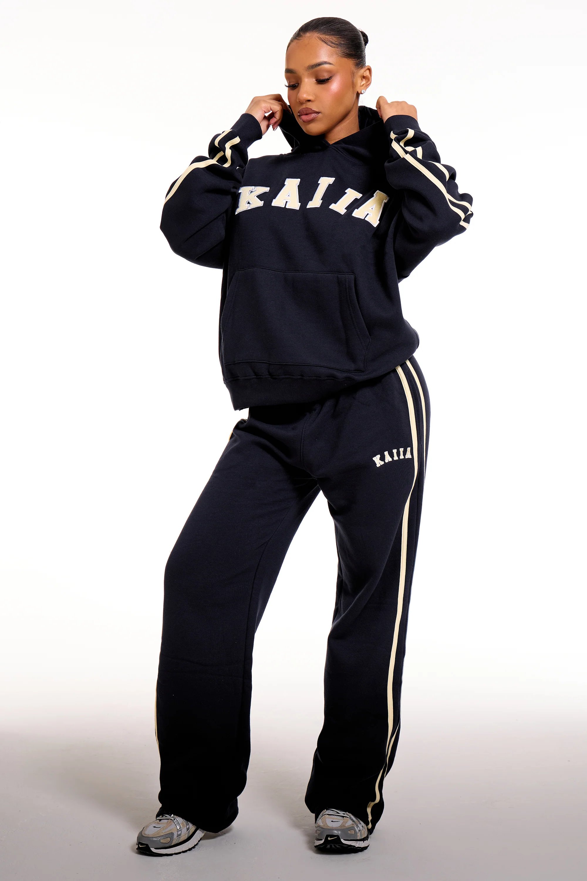 Kaiia Kaiia Slogan Side Stripe Oversized Hoodie Ink Blue & Soft Yellow - 3