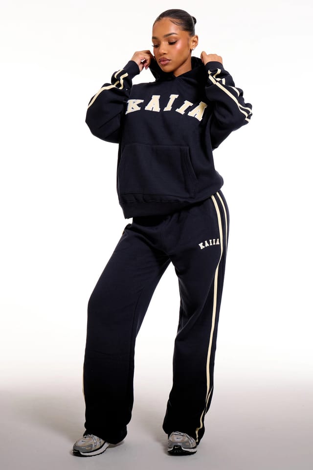 Kaiia Kaiia Slogan Side Stripe Oversized Hoodie Ink Blue & Soft Yellow - 3