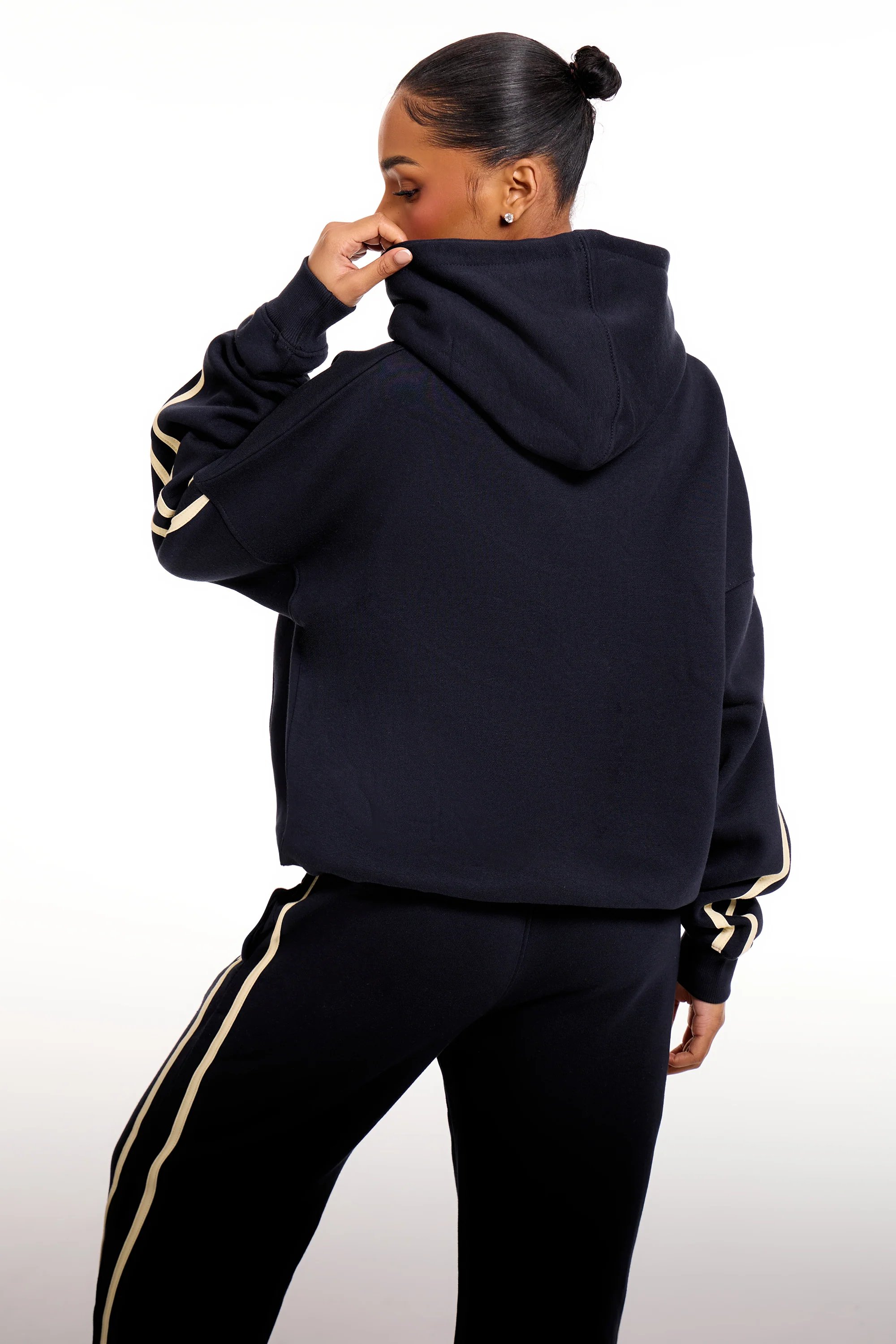 Kaiia Kaiia Slogan Side Stripe Oversized Hoodie Ink Blue & Soft Yellow - 4