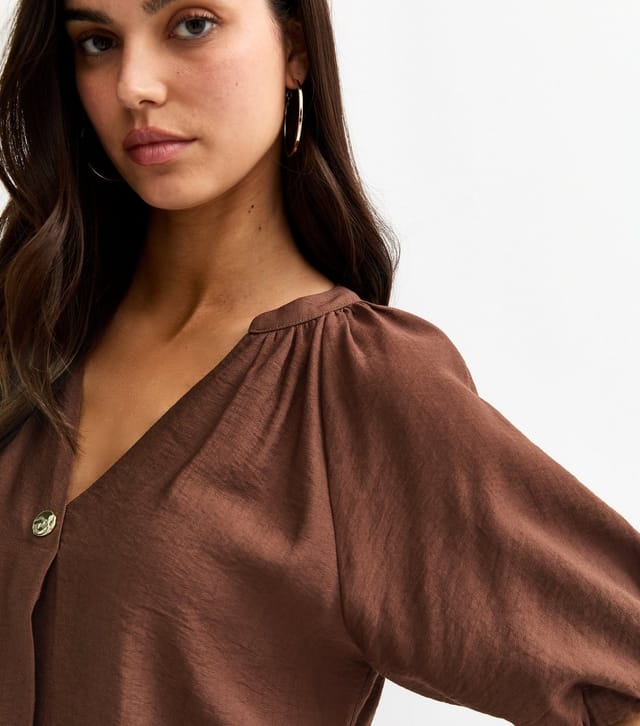 New Look Women's Brown Puff Sleeve V-Neck Blouse New Look - 2
