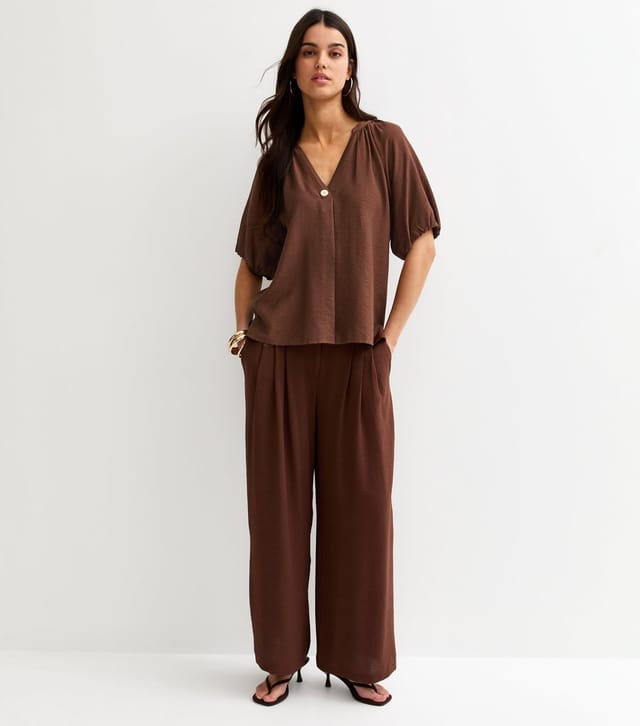 New Look Women's Brown Puff Sleeve V-Neck Blouse New Look - 3