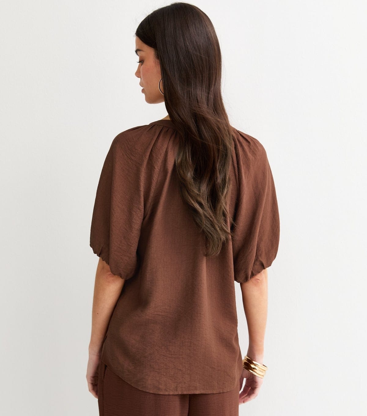 New Look Women's Brown Puff Sleeve V-Neck Blouse New Look - 4