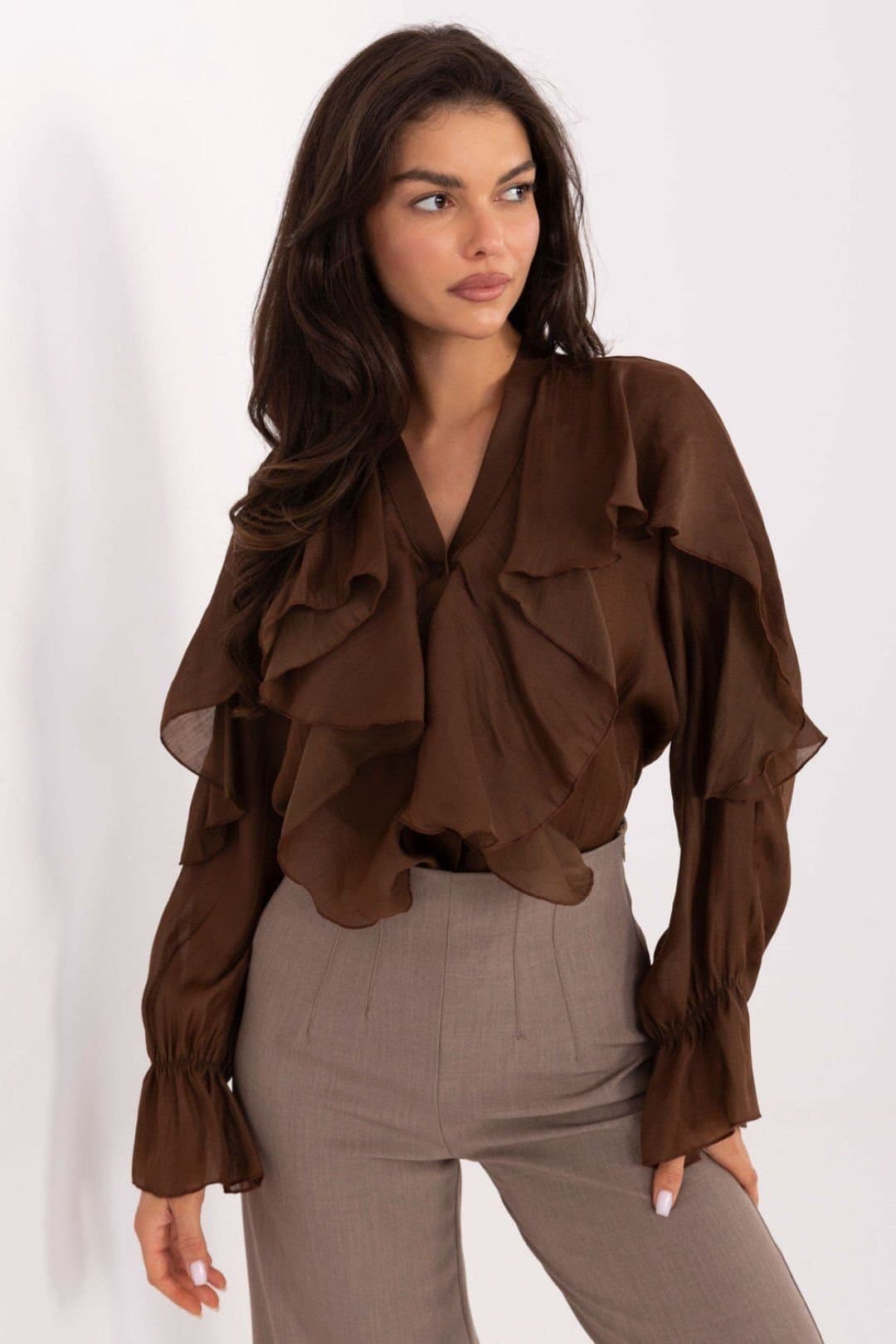 Love Lace Love Lace Women's Lyocell Blend Long Sleeve Jabot Ruffle Shirt in Brown