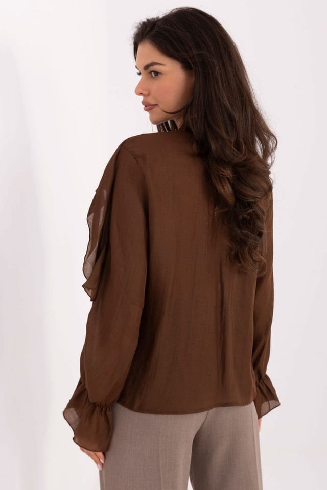 Love Lace Love Lace Women's Lyocell Blend Long Sleeve Jabot Ruffle Shirt in Brown - 3