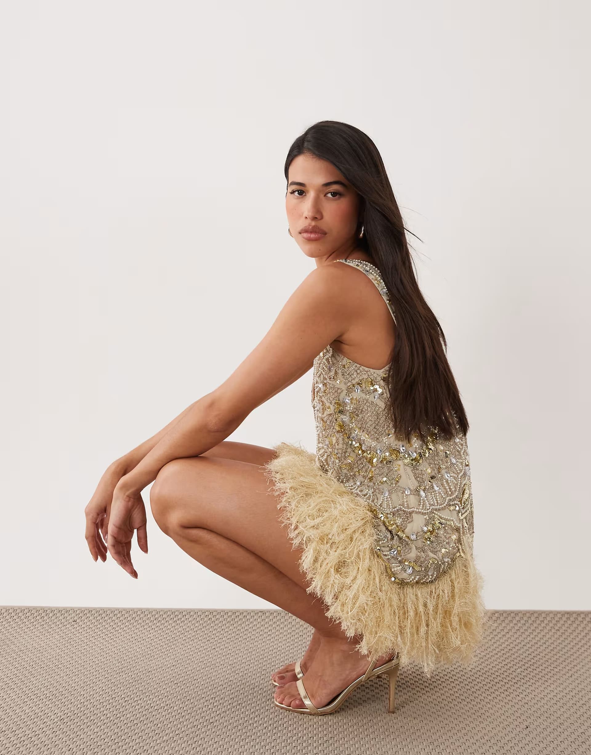 ASOS ASOS LUXE embellished scoop neck mini dress with faux feather hem in pale yellow
