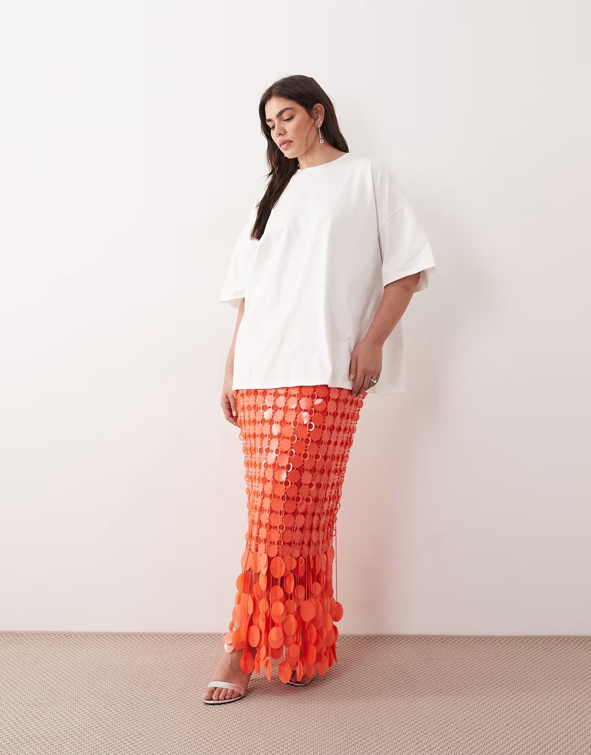 ASOS ARRANGE Curve futurist sequin fringe hem midi skirt in tomato