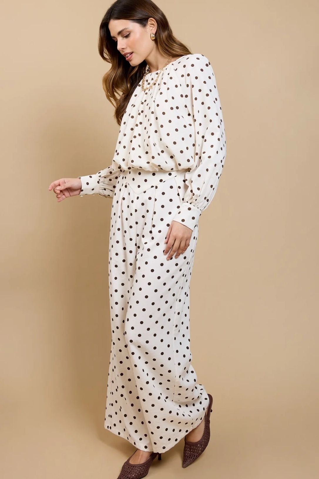 Little Mistress Little Mistress Women's Polka Dot Wide Leg Trousers in Cream - 1