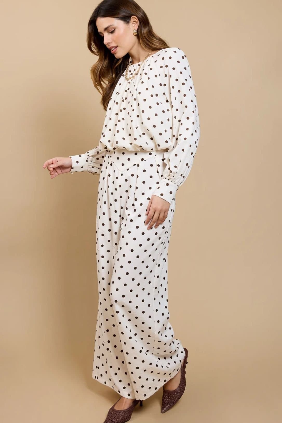 Little Mistress Little Mistress Women's Polka Dot Wide Leg Trousers in Cream