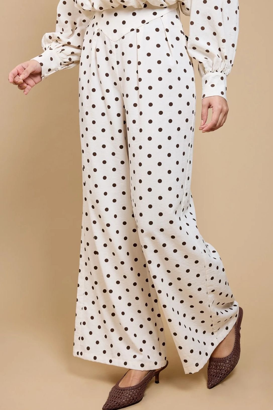 Little Mistress Little Mistress Women's Polka Dot Wide Leg Trousers in Cream - 4