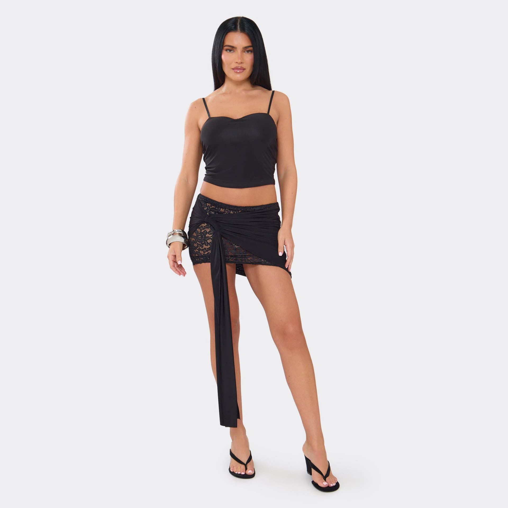 EGO Low Rise Contrast Lace Detail Draped Mini Skirt In Black Slinky, Women's Size UK 6