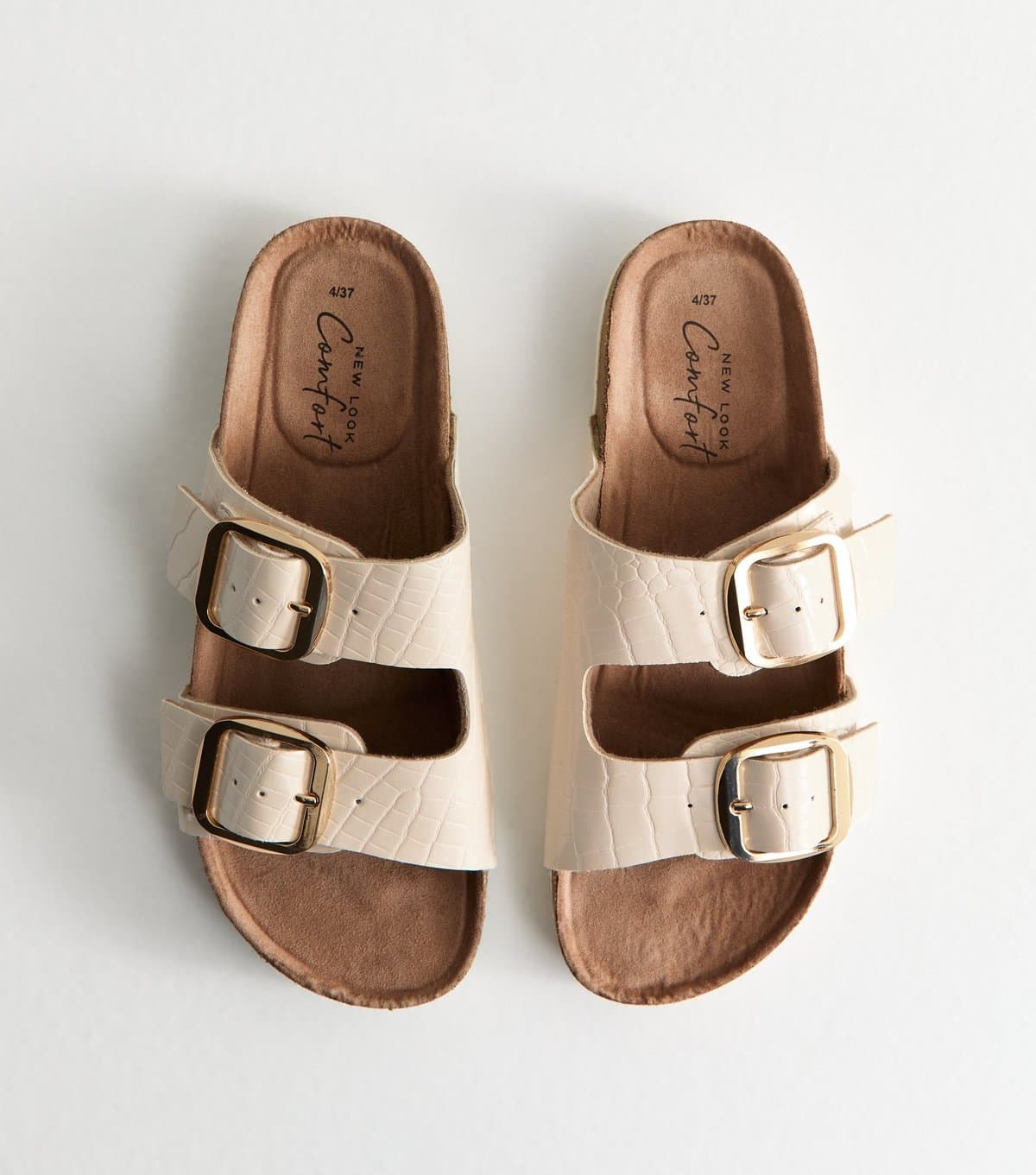 New Look Women's Off White Croc Effect Faux Leather Buckled Strap Flat Sandals New Look