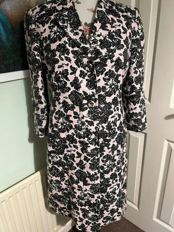 LOFT Loft Pink Black Floral Long Coat UK 12 Linen Silk blend Spring Smart