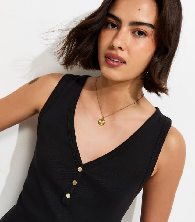 New Look Women's Black Cotton Rich Gold Tone Button Henley Vest Top New Look - 3