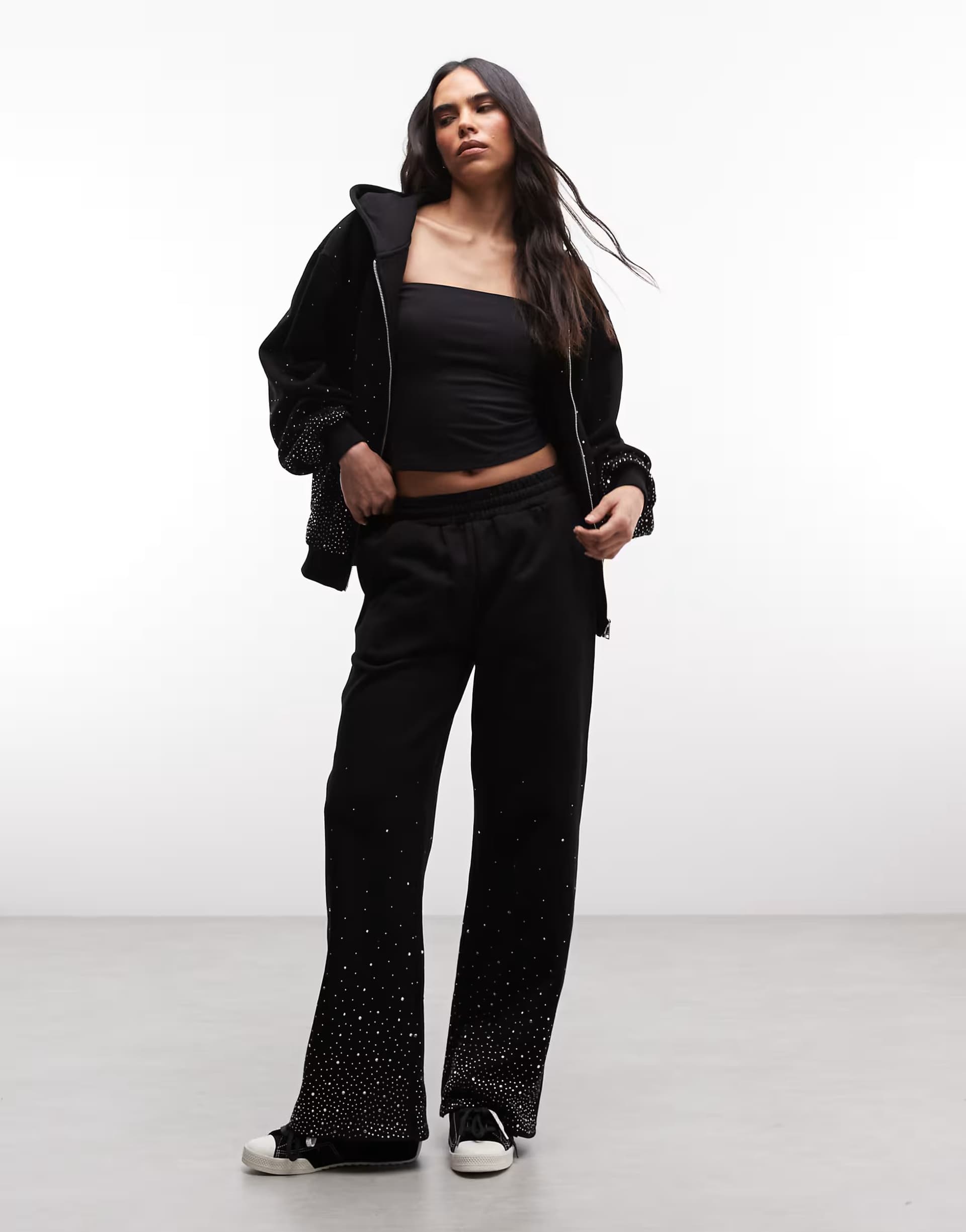 ASOS Cernucci rhinestone embellished hoodie and wide leg jogger co-ord in black