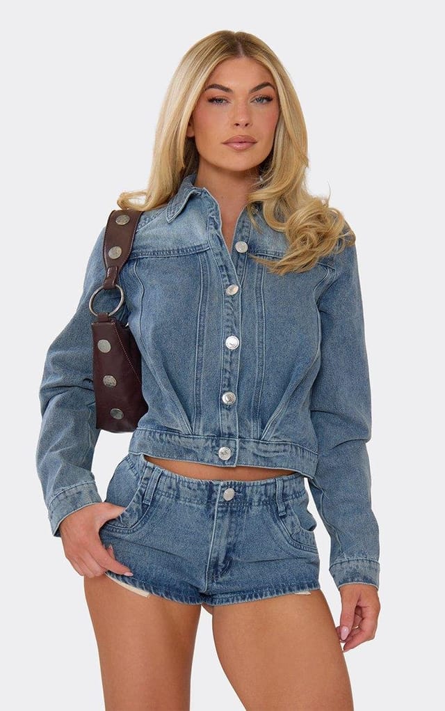 EGO Long Sleeve Seam Detail Jacket In Blue Wash Denim, Women's Size UK 6 - 2