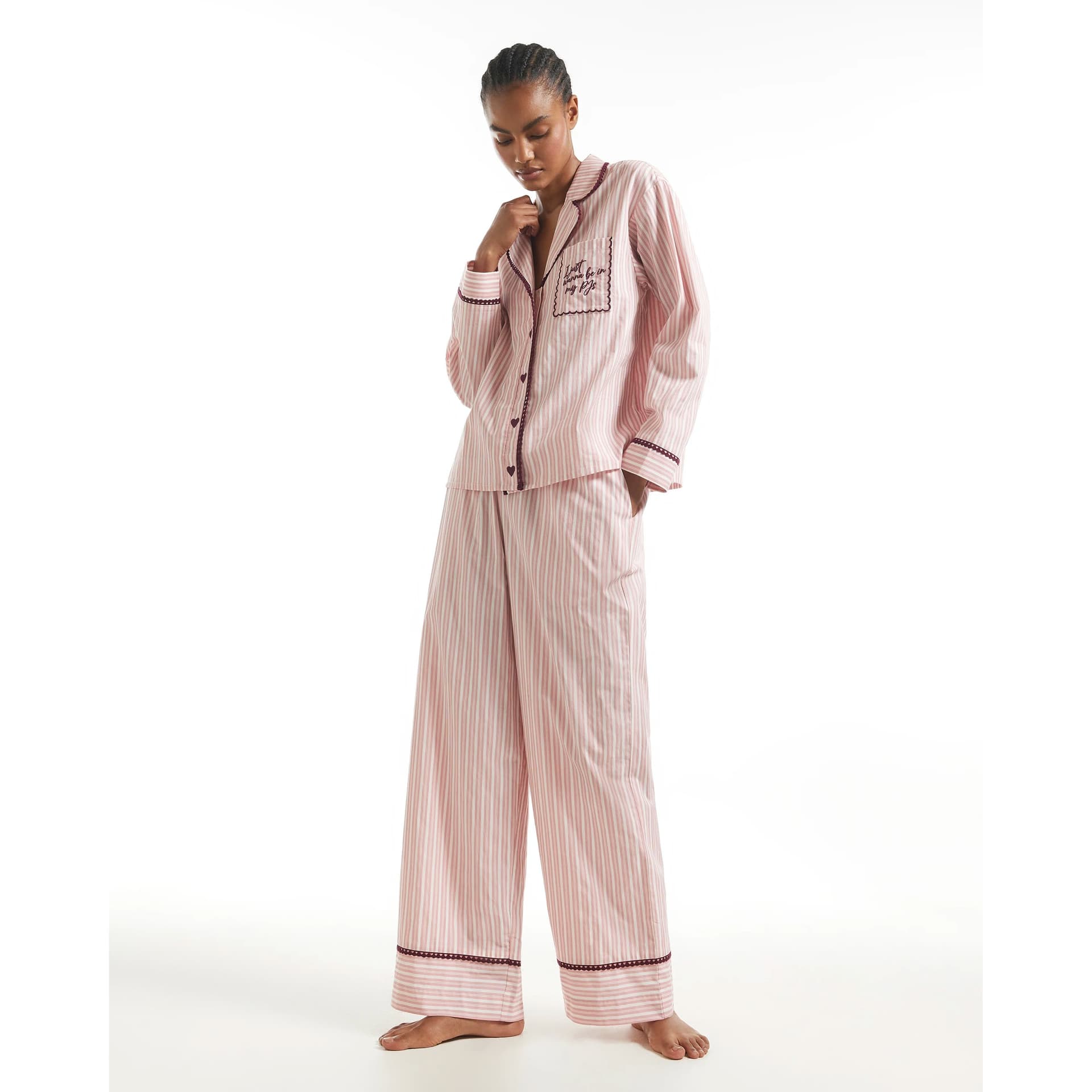 River Island River Island Womens Pink Stripe Heart Trim Pyjamas