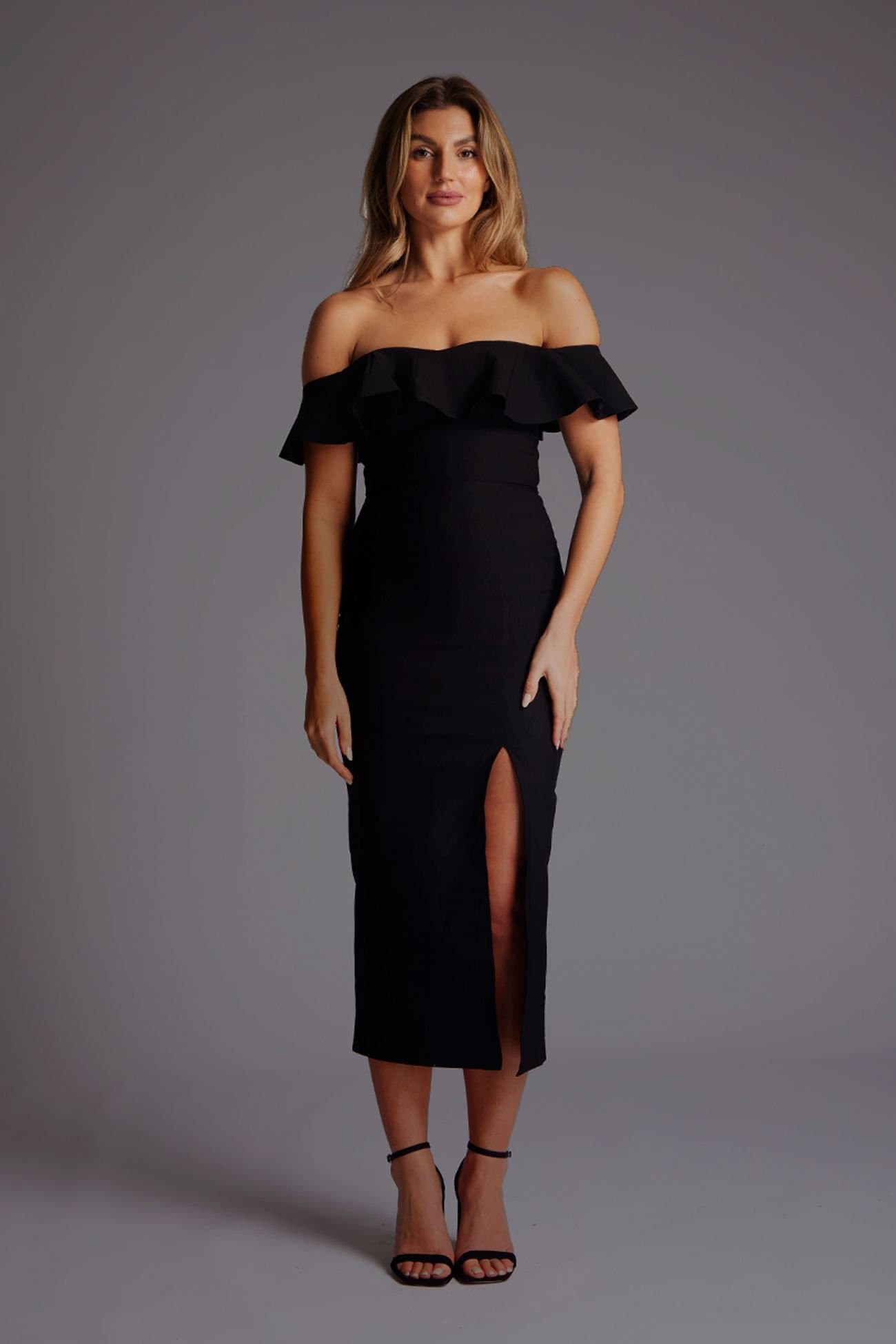 Vesper Vesper Women's Bardot Frill Midaxi Dress with Thigh Split in Black