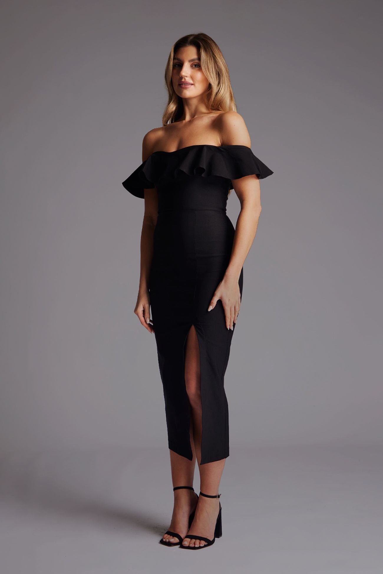 Vesper Vesper Women's Bardot Frill Midaxi Dress with Thigh Split in Black - 2