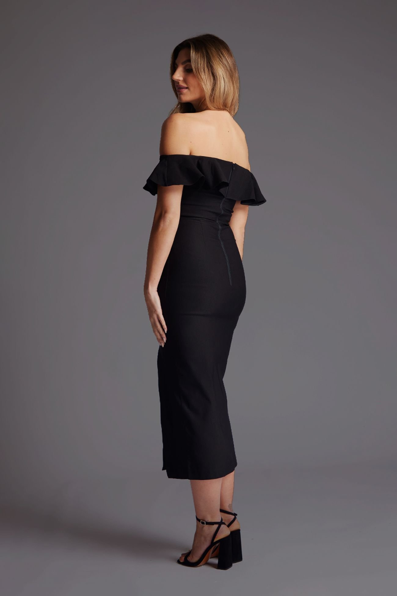 Vesper Vesper Women's Bardot Frill Midaxi Dress with Thigh Split in Black - 3