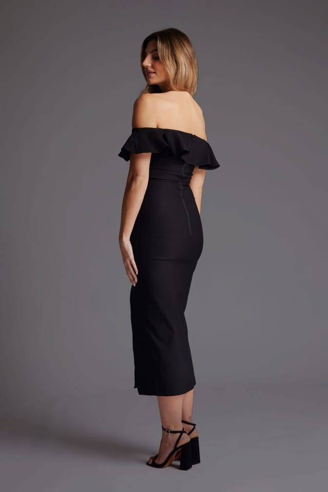 Vesper Vesper Women's Bardot Frill Midaxi Dress with Thigh Split in Black - 3