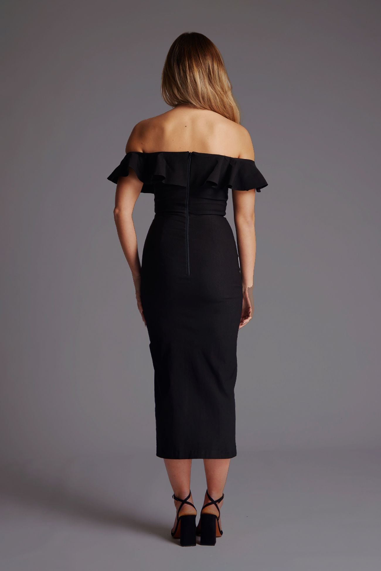 Vesper Vesper Women's Bardot Frill Midaxi Dress with Thigh Split in Black - 4