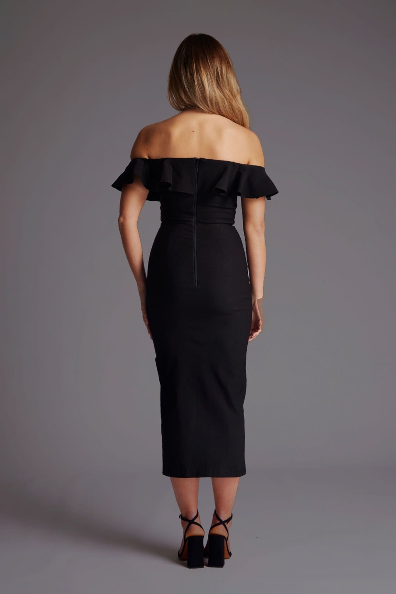 Vesper Vesper Women's Bardot Frill Midaxi Dress with Thigh Split in Black - 4