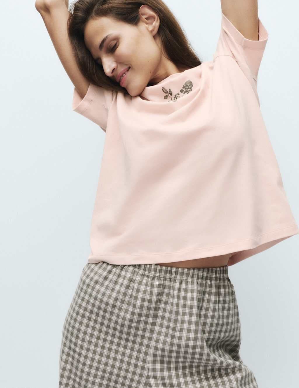 Marks & Spencer M&S Cotton Rich Printed Pyjama Set Pink