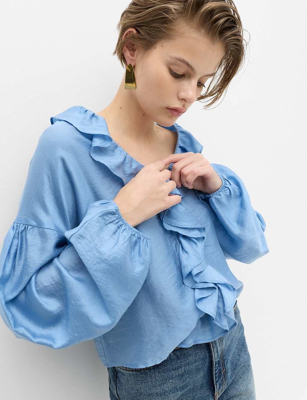 Marks & Spencer M&S Lyocell-Rich V-Neck Ruffle Detail Blouse Blue