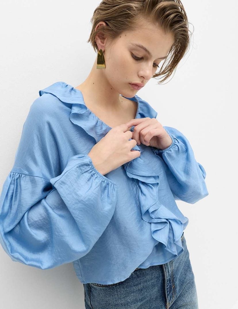 Marks & Spencer M&S Lyocell-Rich V-Neck Ruffle Detail Blouse Blue - 1
