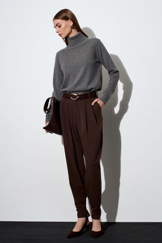 Dilvin Dilvin Women's Women's High-Waist Wide-Leg Crepe Trousers in Chocolate - 3