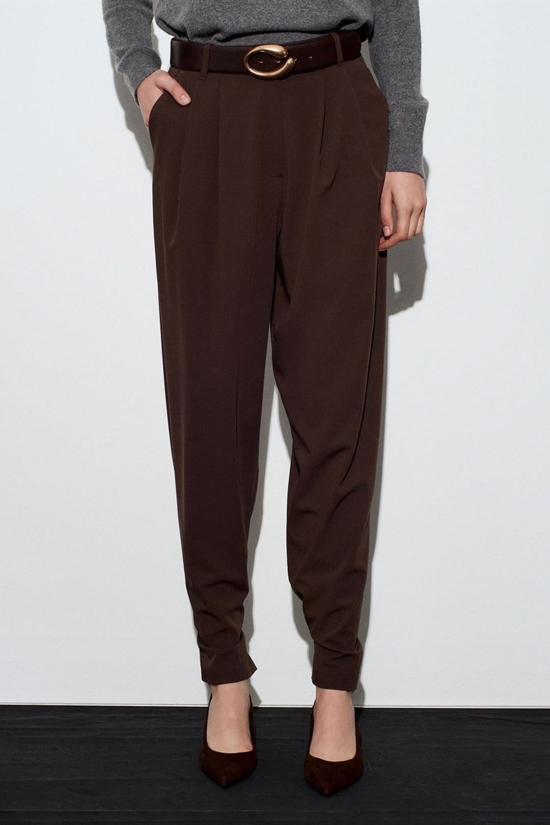 Dilvin Dilvin Women's Women's High-Waist Wide-Leg Crepe Trousers in Chocolate - 4