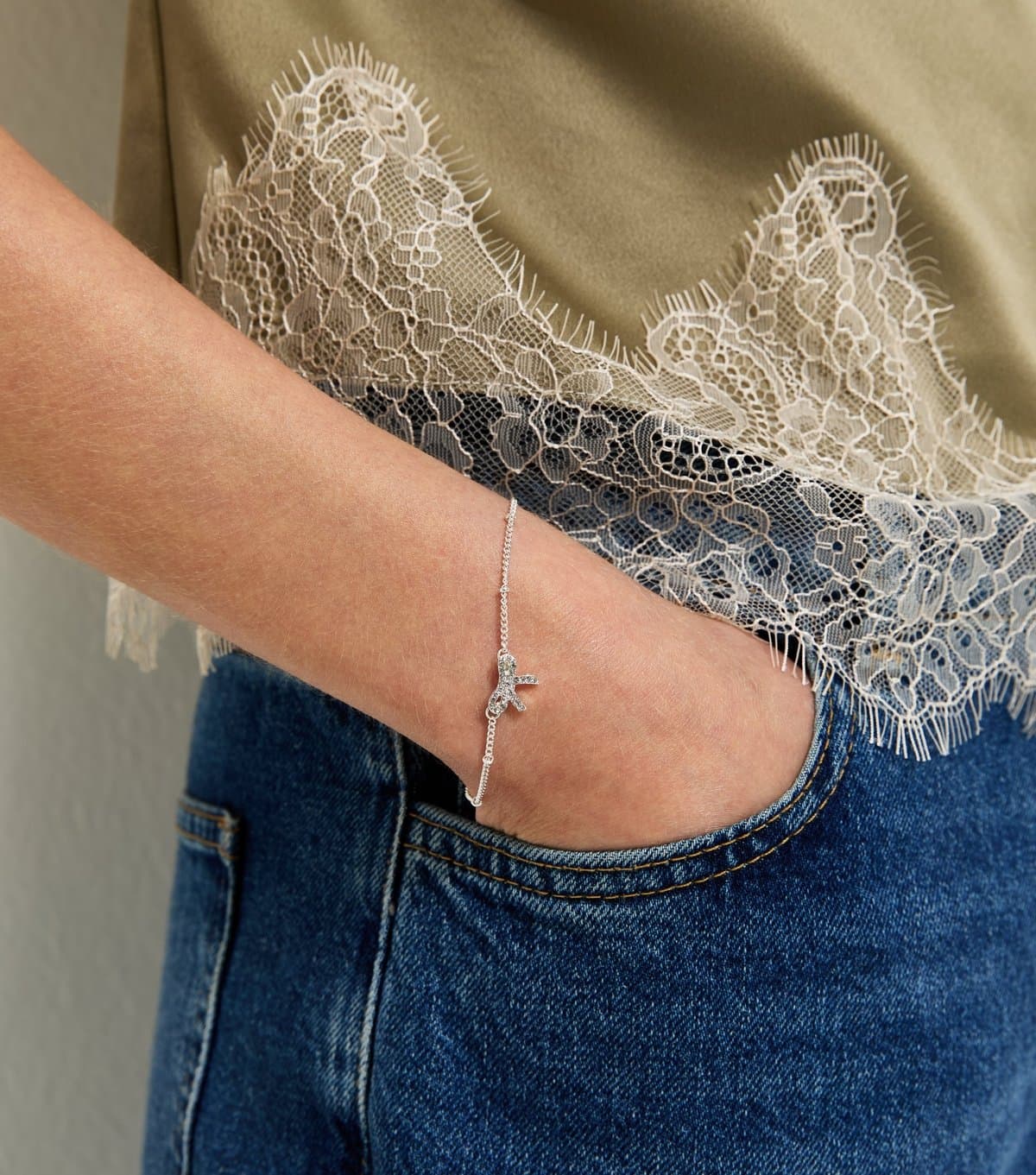 New Look Silver Tone Diamanté Bow Chain Bracelet New Look