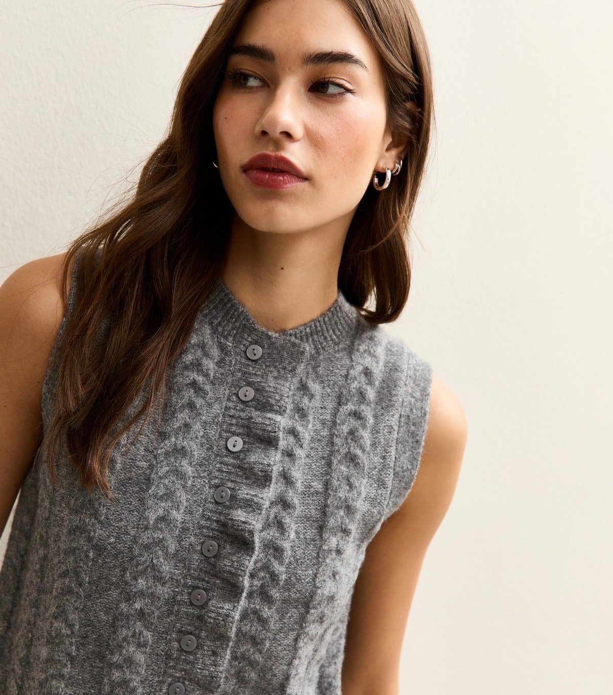 New Look Women's Grey Cable Knit Frill Trimmed Waistcoat New Look