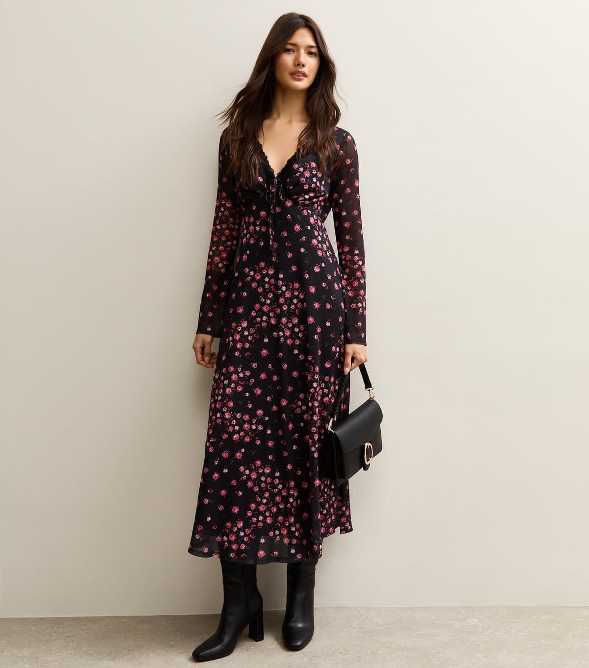 New Look Women's Black Rose Mesh Long Sleeve Midi Dress New Look