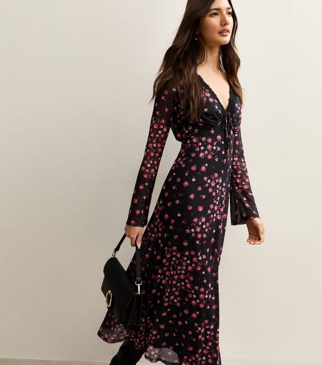 New Look Women's Black Rose Mesh Long Sleeve Midi Dress New Look - 2