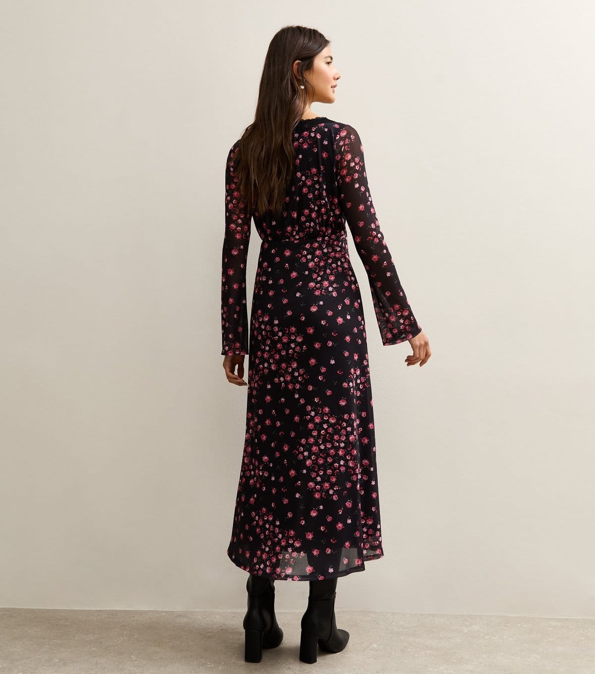 New Look Women's Black Rose Mesh Long Sleeve Midi Dress New Look - 4