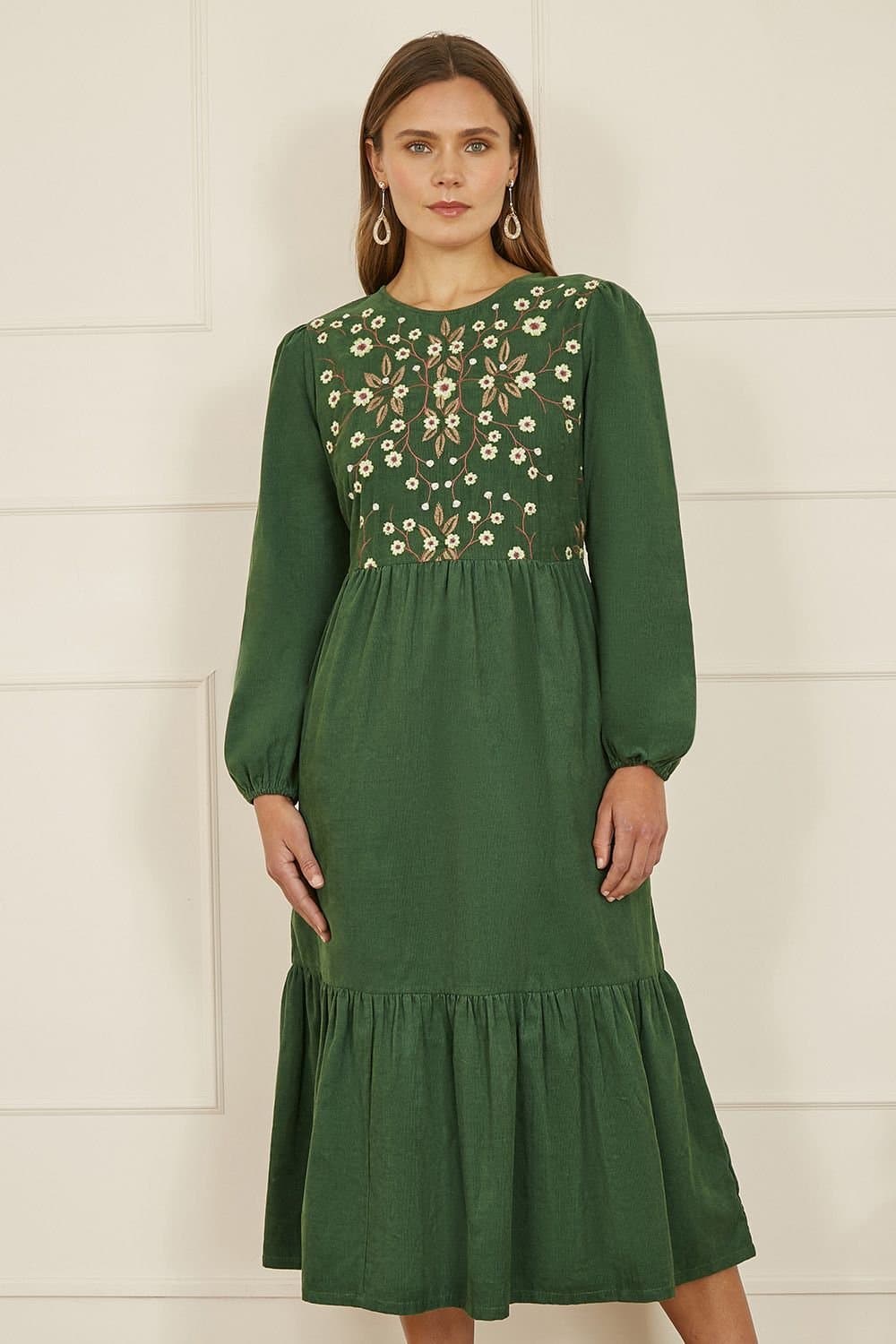 Yumi Yumi Women's Green Long Sleeve Midi Dress With Floral Embroidery Bodice