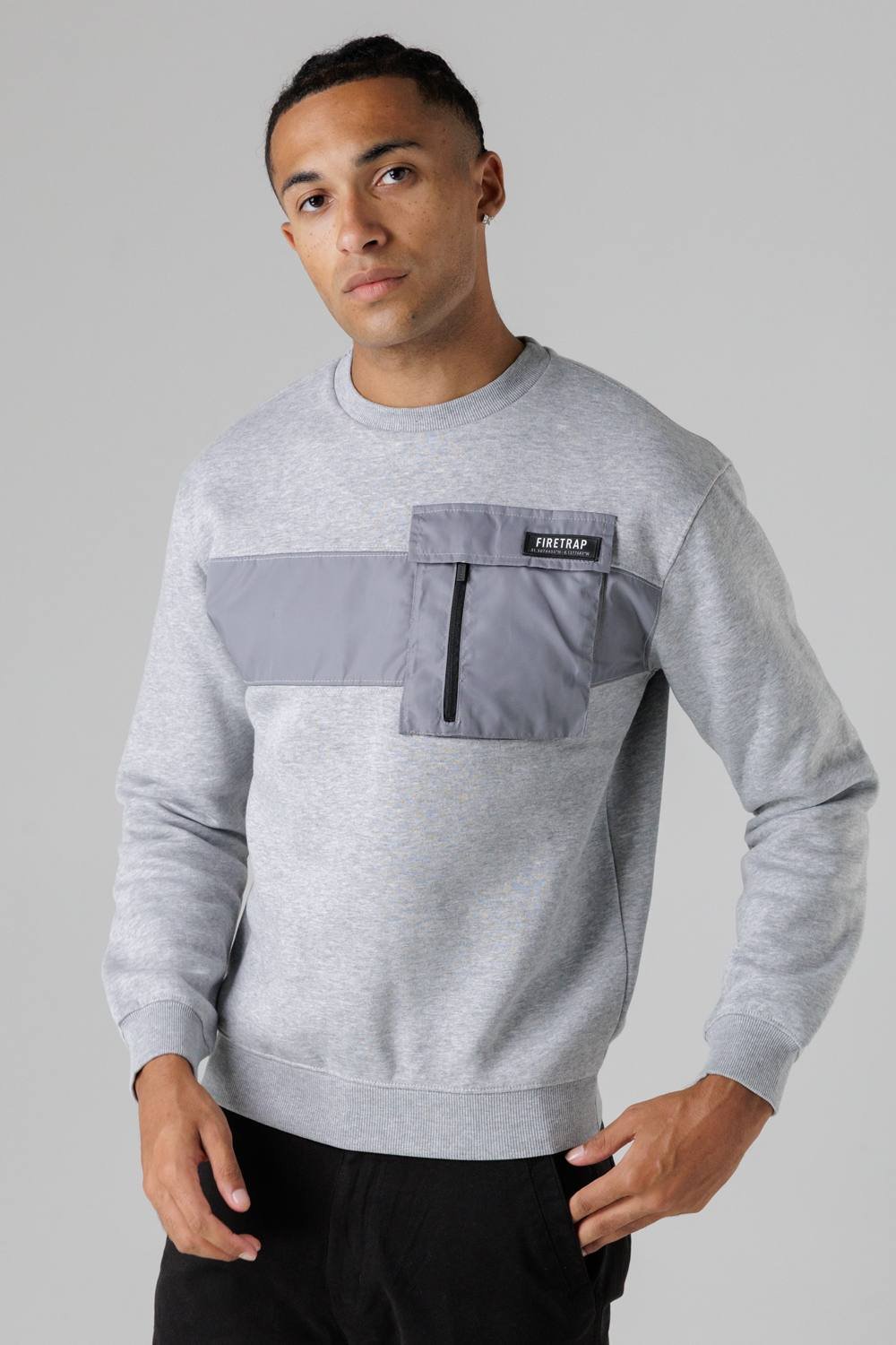 Firetrap Firetrap Men's Regular Fit Cotton Rich Crew Neck Sweatshirt with Chest Pocket in Light Grey - 2