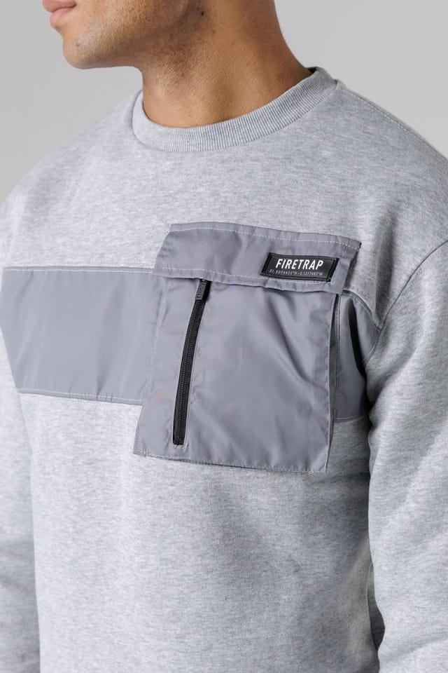 Firetrap Firetrap Men's Regular Fit Cotton Rich Crew Neck Sweatshirt with Chest Pocket in Light Grey - 3
