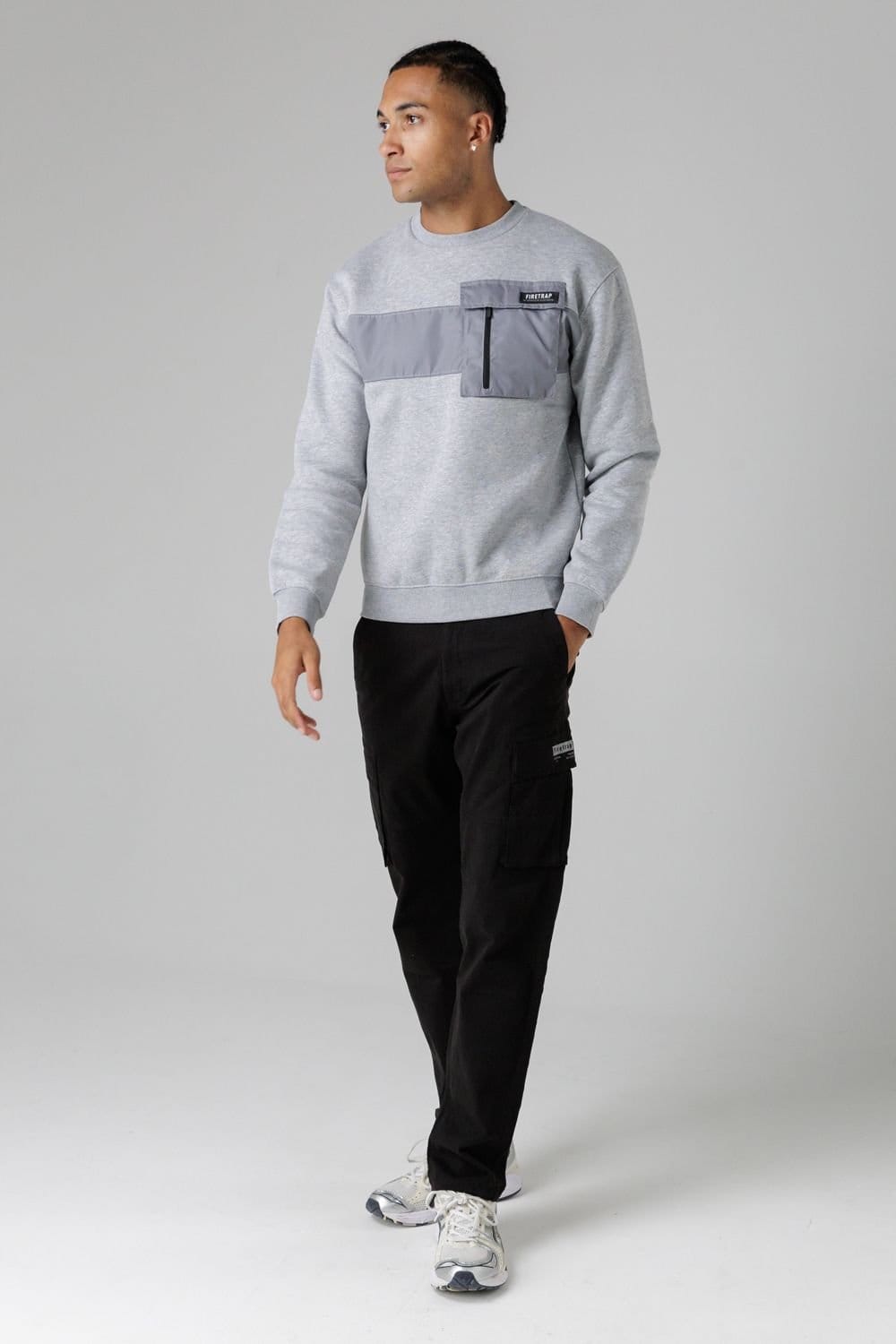 Firetrap Firetrap Men's Regular Fit Cotton Rich Crew Neck Sweatshirt with Chest Pocket in Light Grey - 4