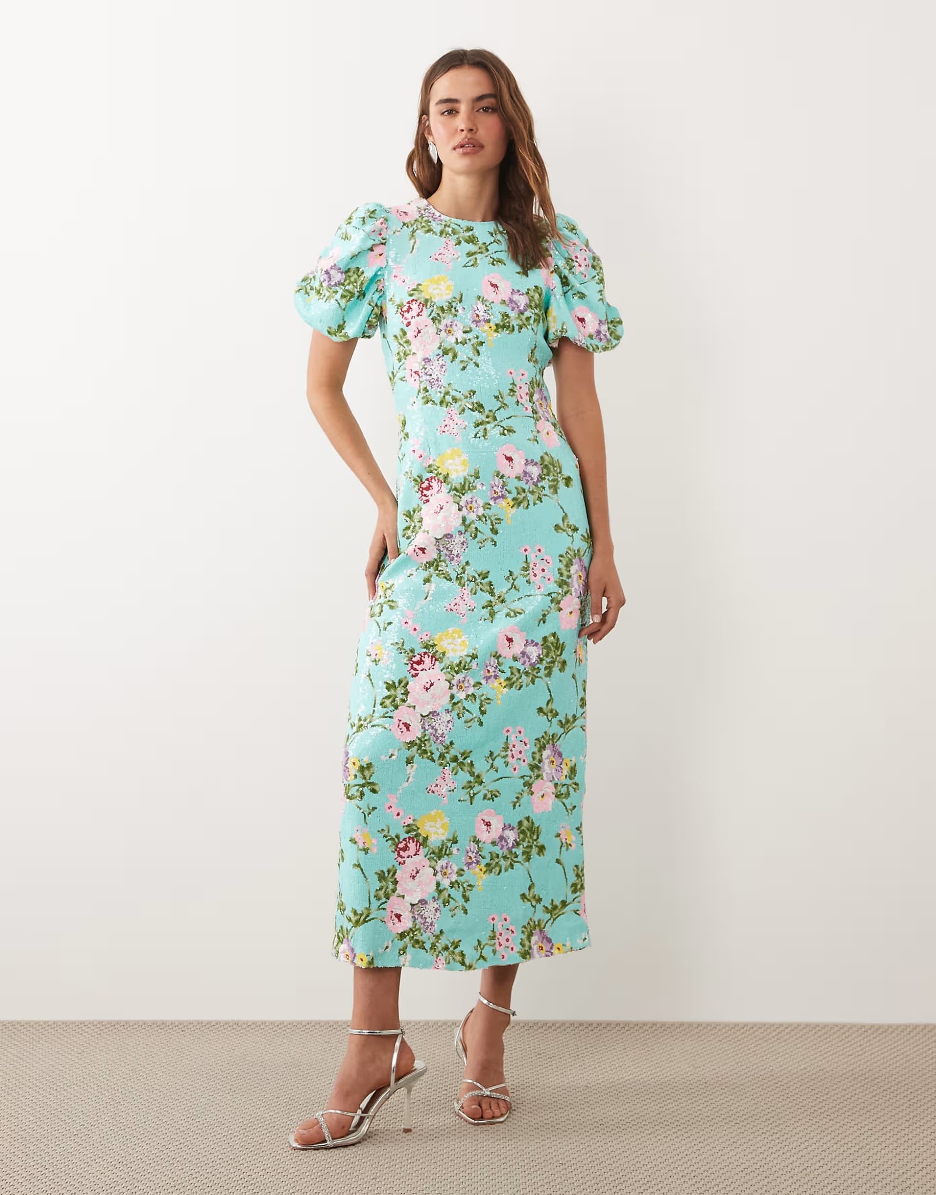 ASOS Dream Sister Jane Stella sequin embellished puff sleeve round neck maxi dress in turquoise floral