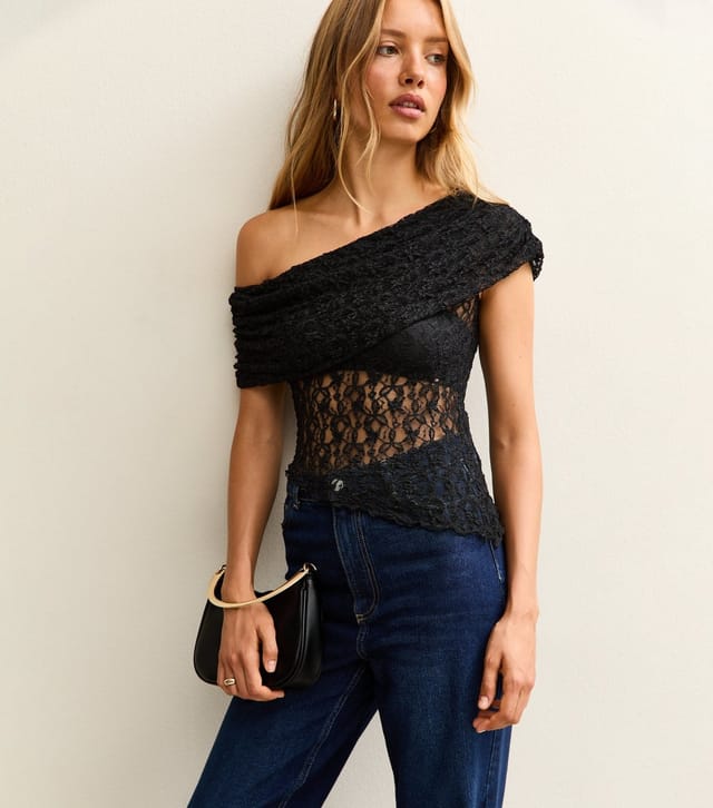 New Look Women's Black Lace Off Shoulder Asymmetric Semi Sheer Top New Look - 2