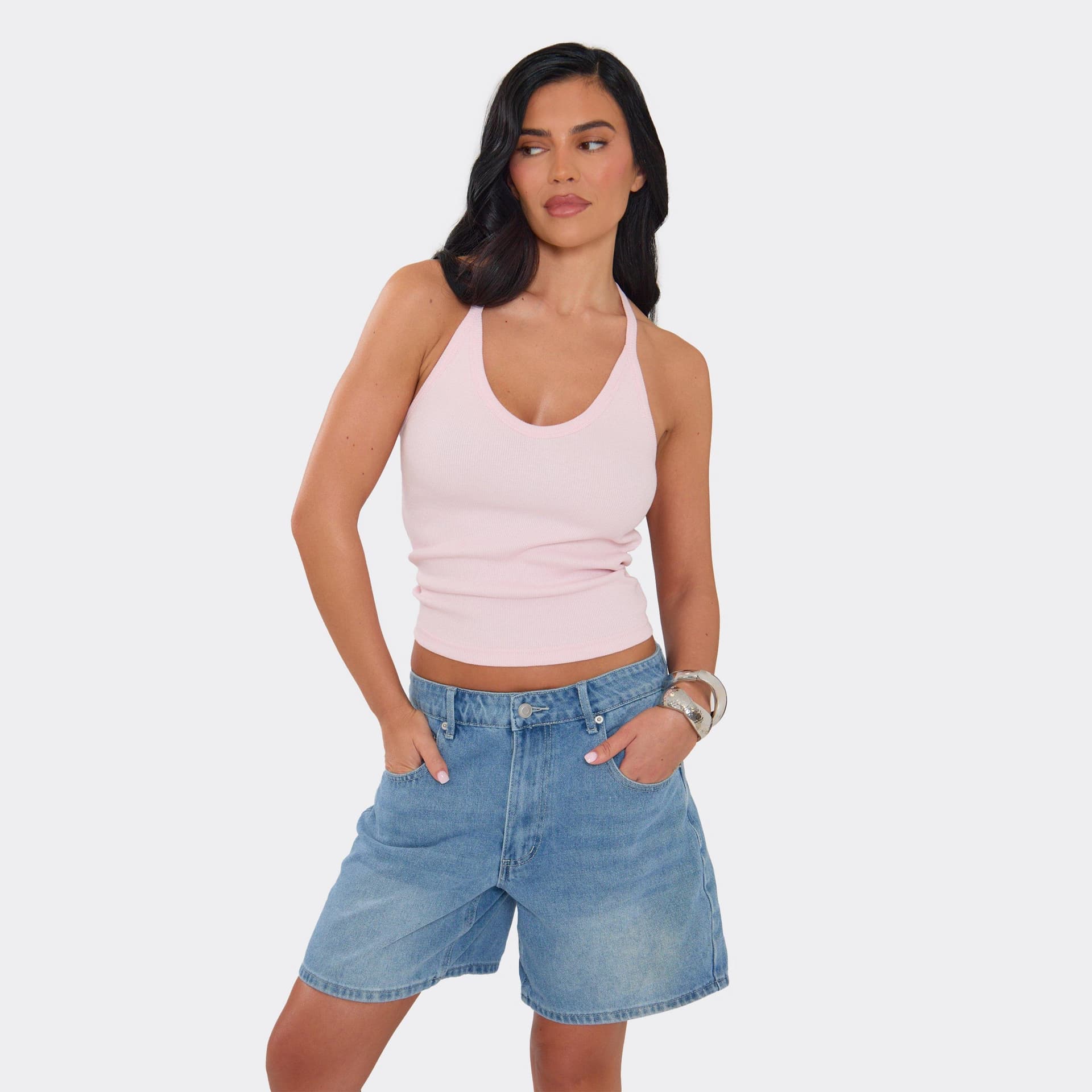 EGO Plunge Halterneck Basic Top In Pink Ribbed, Women's Size UK 6
