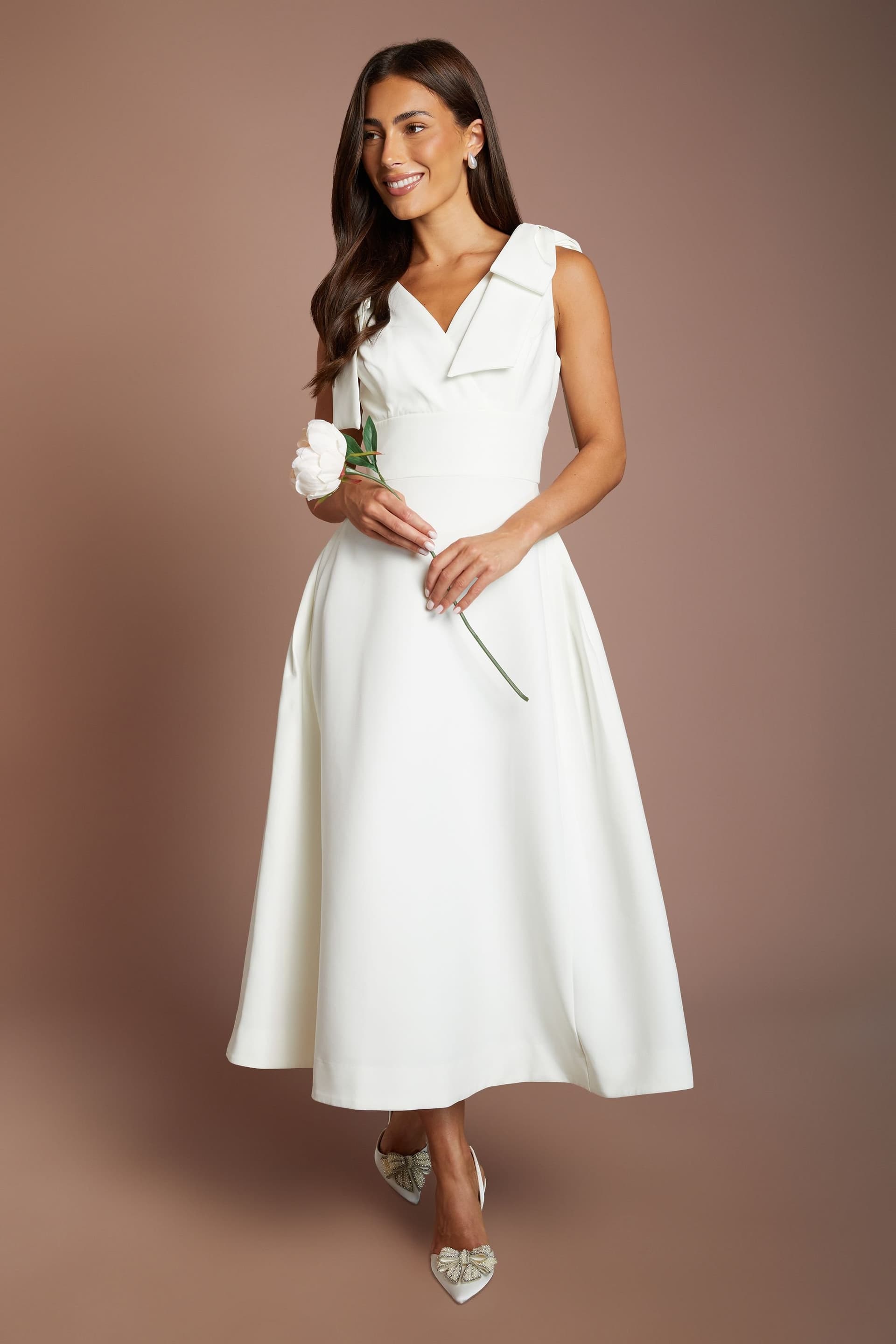 Coast Coast Women's Skater Bridal Midi Dress With Bow Straps in Ivory