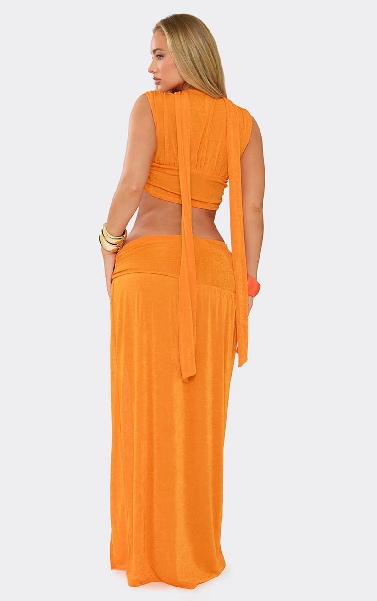 EGO Knot Detail Split Leg Maxi Skirt In Orange, Women's Size UK 6 - 1